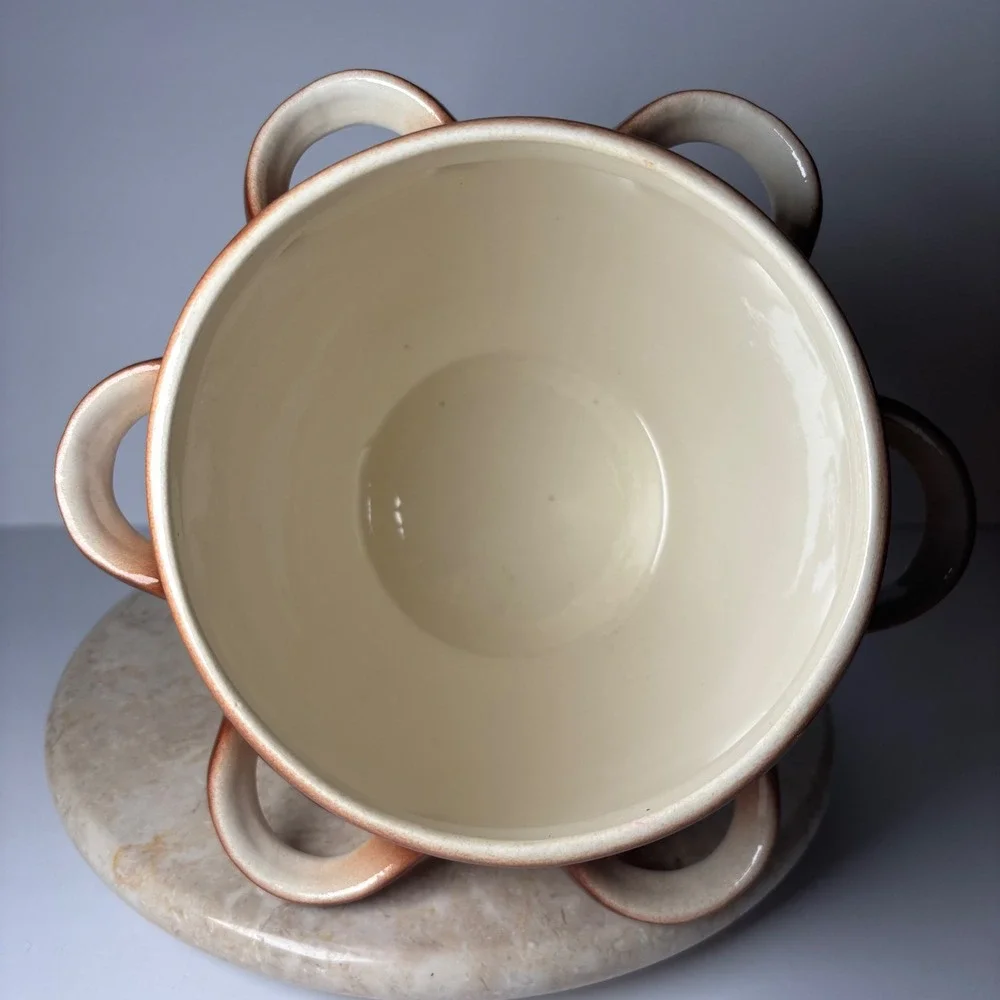 Vintage Ceramic Vegetable Soup Tureen Lidded Bean Pot Brown Cream 6-Handle Large
